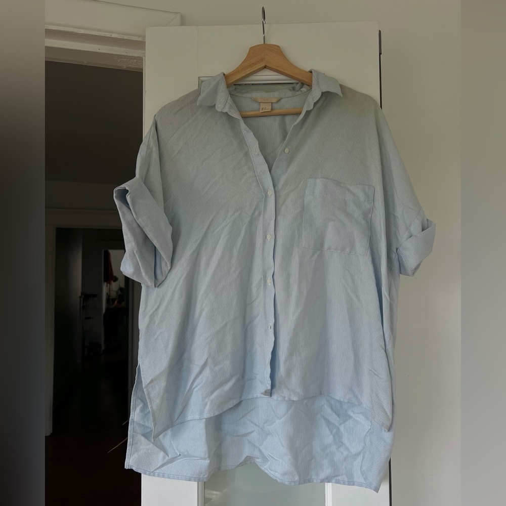 Light blue and white striped short-sleeve button down top - size 6